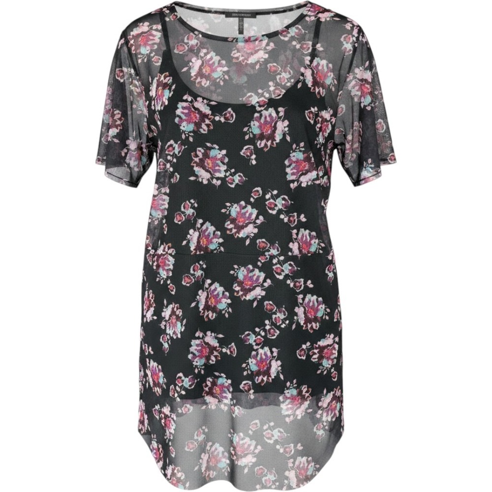 Coquette Floral Mesh Top with Cami 22W/24W Black Purple High Low Short Sleeve
